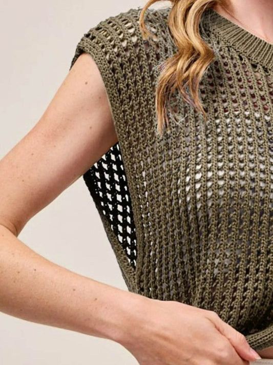 Big Metal Button Sweater Vest with Front Openwork Design - Akana Style