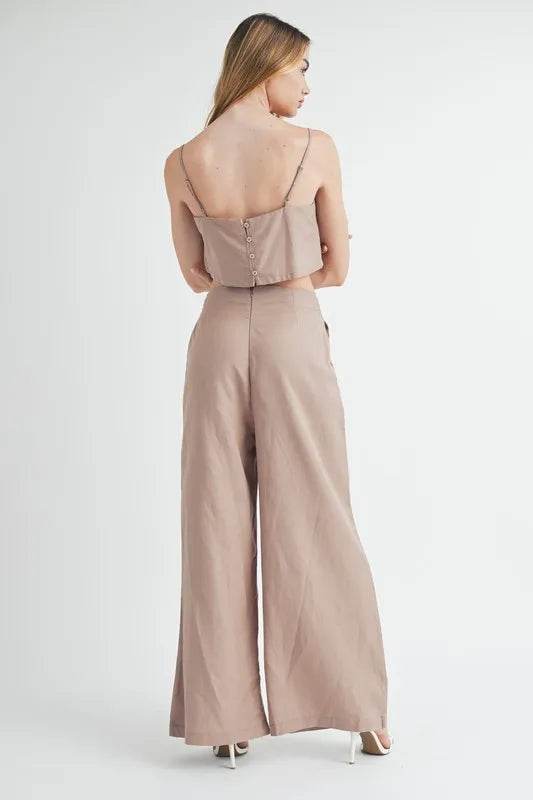Linen Mix Crop Cami Pants Set with Wide Leg Pants - Akana Style