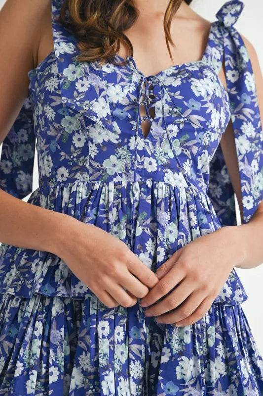 Floral Print Mini Dress with Shoulder Ties and Layered Design - Akana Style