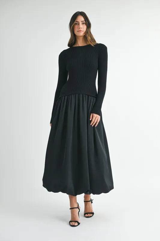 Ribbed Midi Sweater Dress in Poplin Mix for Effortless Style - Akana Style