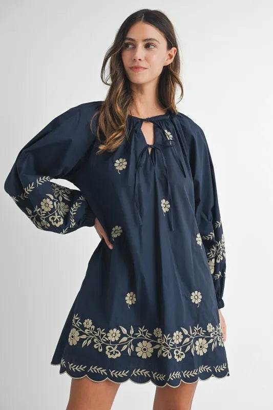 Embroidered Peasant Mini Dress with Long Sleeves - Akana Style
