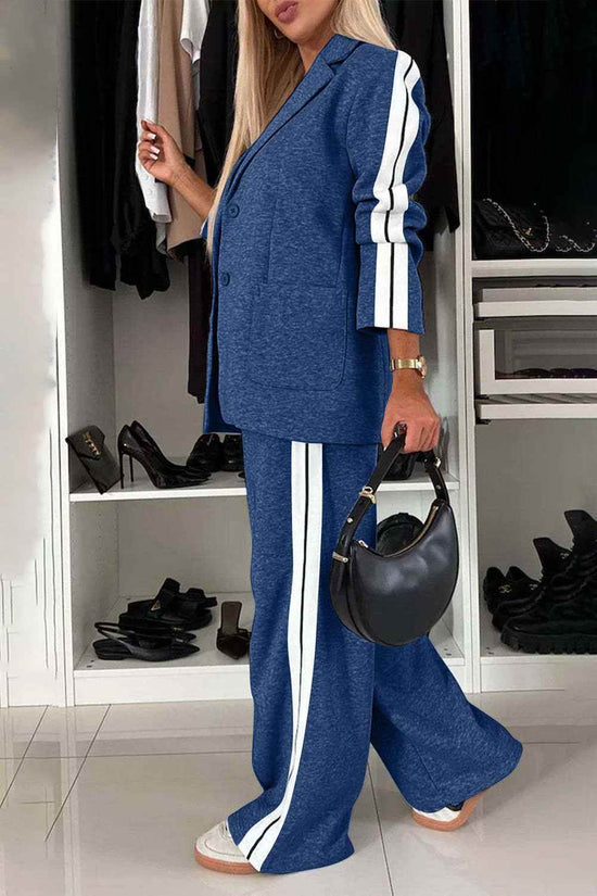Full Size Contrast Lapel Collar Set - Stylish Top and Pants Outfit - Akana Style