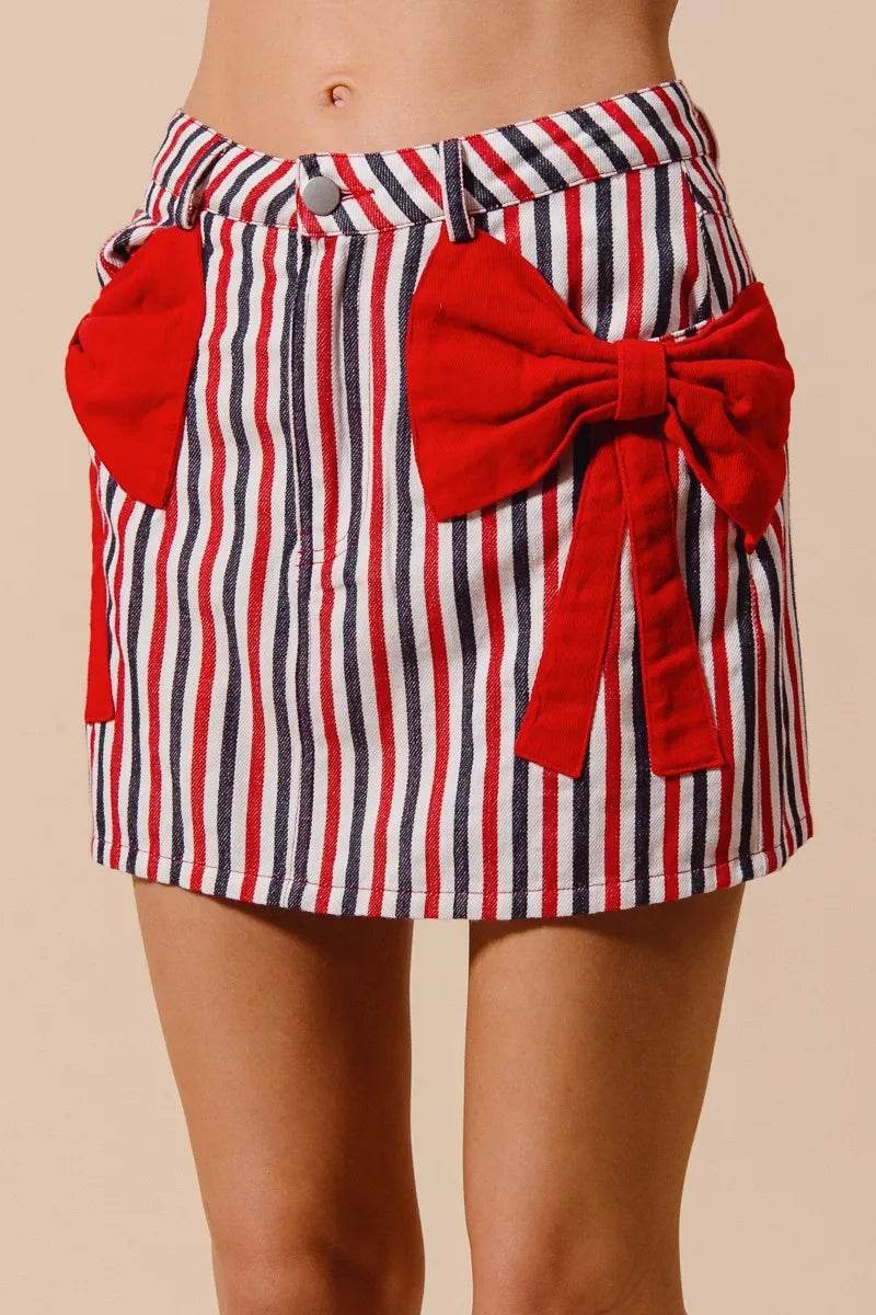 Contrast Bow Knot Pocket Fourth Of July Denim Skirt - Akana Style