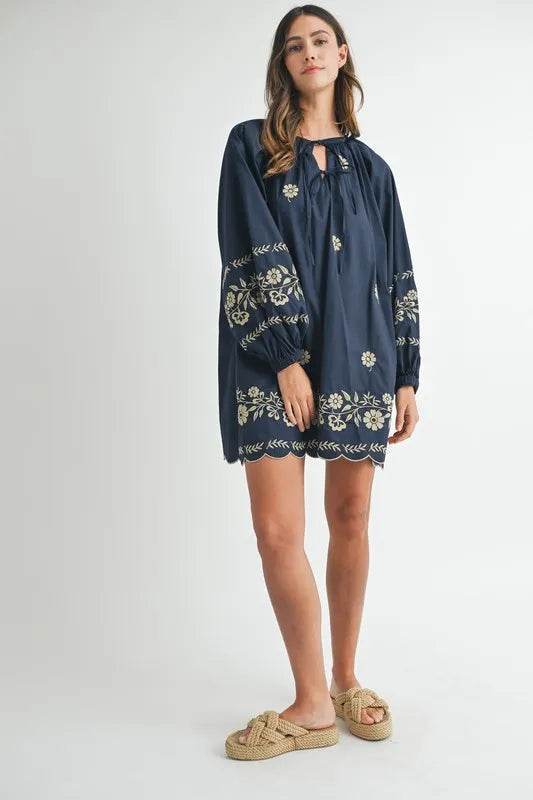Embroidered Peasant Mini Dress with Long Sleeves - Akana Style