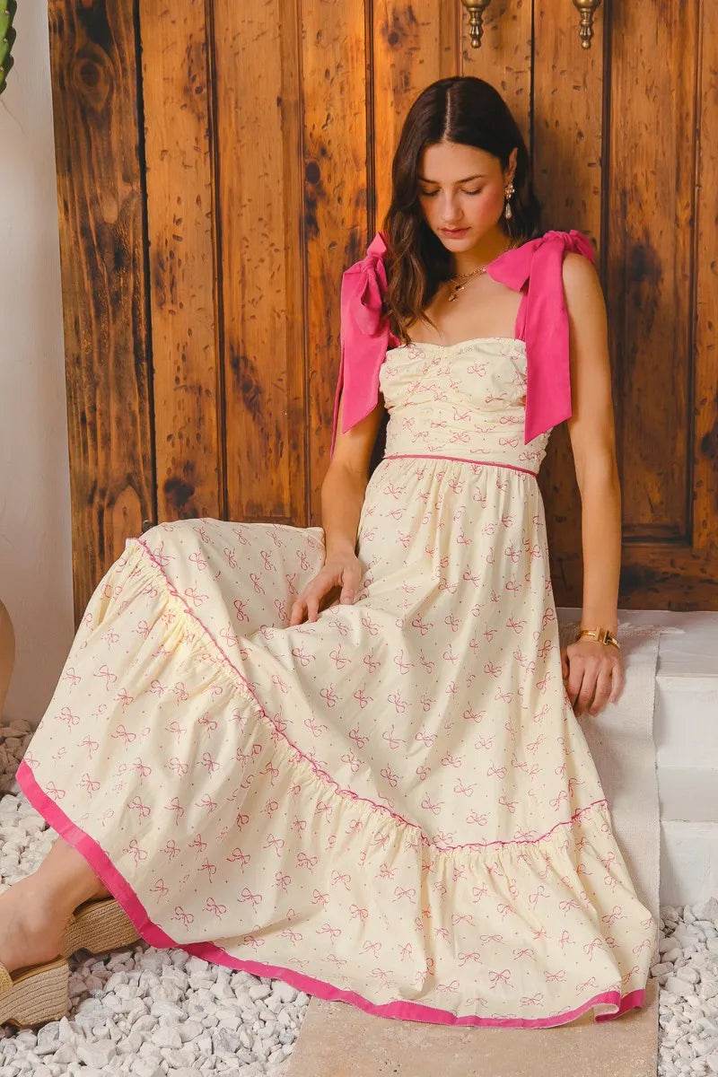 Ribbon Maxi Dress with Contrast Trim for Effortless Style - Akana Style