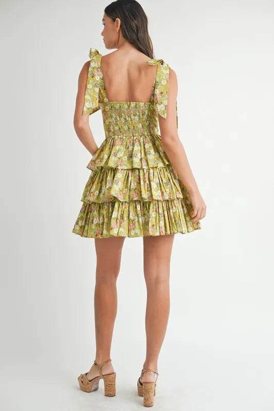 Floral Print Mini Dress with Shoulder Ties and Layered Design - Akana Style