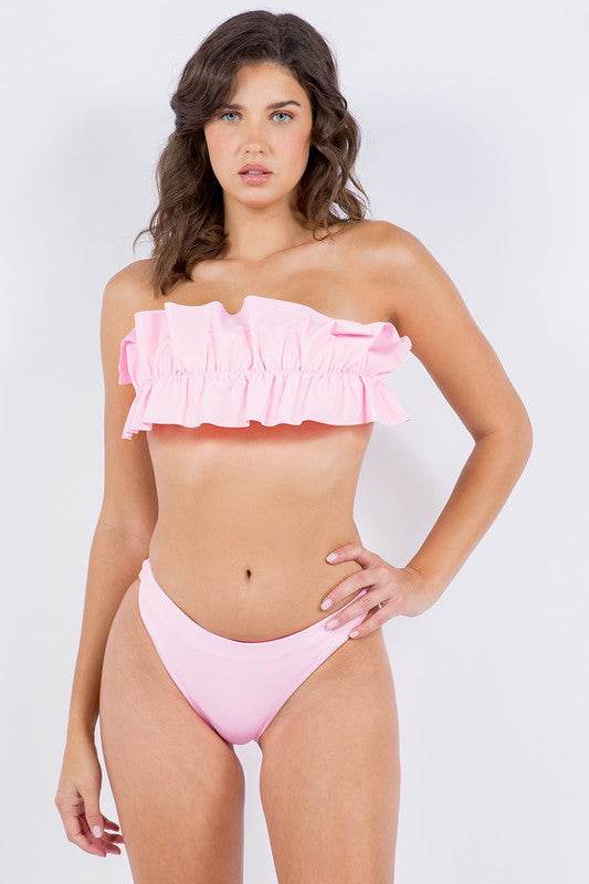 Two Piece Tube Top Ruffle Bikini with Ruched Design - Akana Style