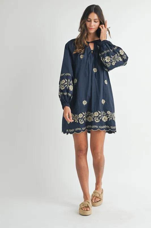 Embroidered Peasant Mini Dress with Long Sleeves - Akana Style
