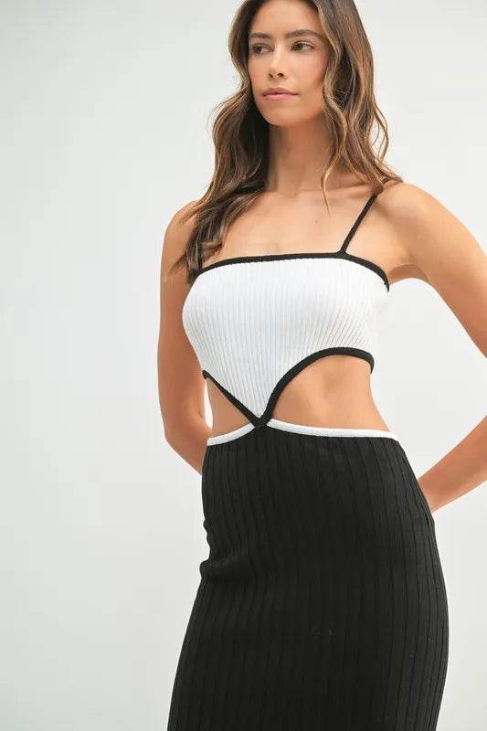 Ribbed Knit Color Block Dress with Cutout - Stylish Midi Dress - Akana Style