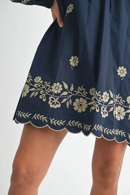 Embroidered Peasant Mini Dress with Long Sleeves - Akana Style