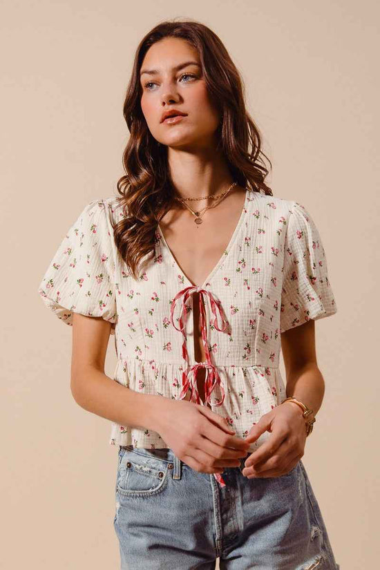 Ditsy Floral Print Gauze Tie-Front Blouse