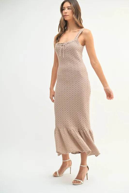Ruffled Hem Crochet Knit Midi Dress for Effortless Style - Akana Style