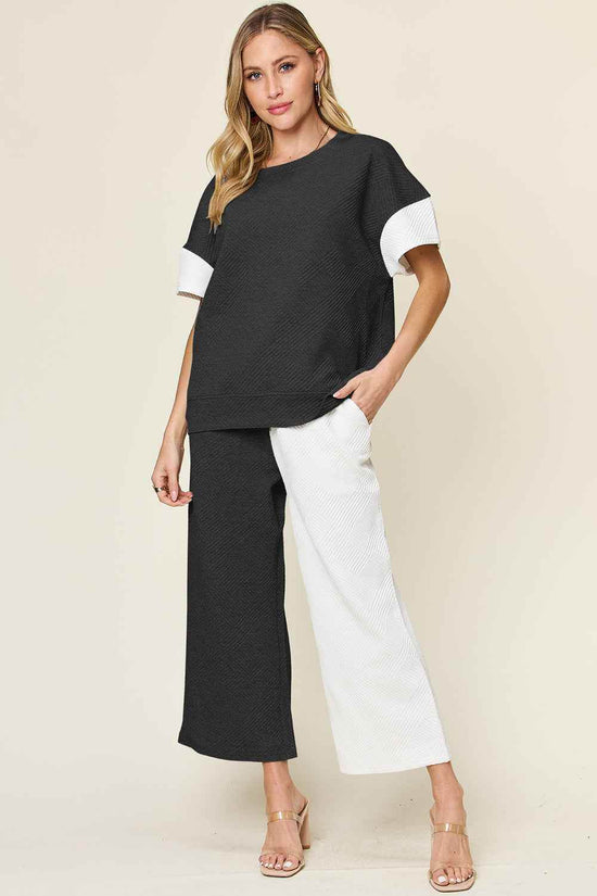 Double Take T-Shirt and Pants Set - Full Size Texture Contrast Outfit - Akana Style