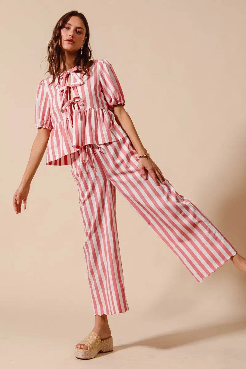 Front Tie Stripe Top Set with Puff Sleeves and Wide Leg Pants - Akana Style