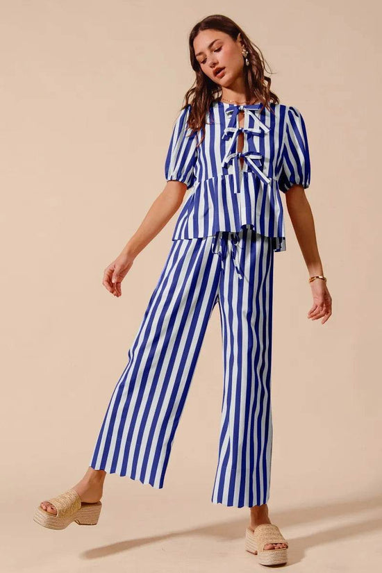 Front Tie Puff Sleeves Set - Stripe Top and Wide Leg Pants Design - Akana Style