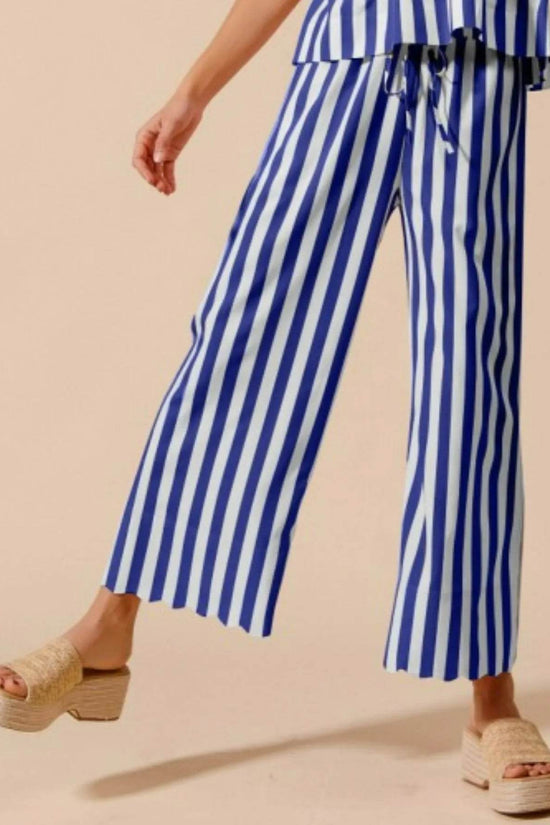 Front Tie Puff Sleeves Set - Stripe Top and Wide Leg Pants Design - Akana Style