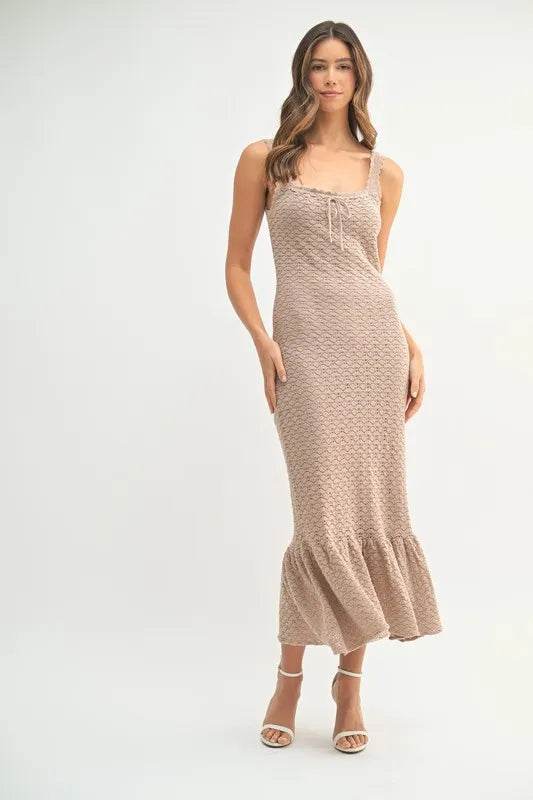 Ruffled Hem Crochet Knit Midi Dress for Effortless Style - Akana Style