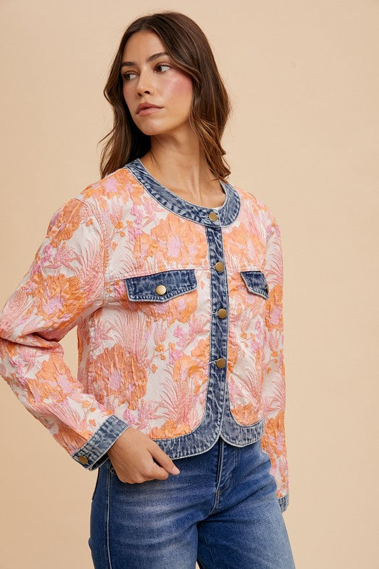 Floral Jacquard Denim Contrast Button Down Jacket