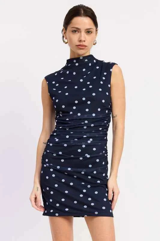 SLEEVELESS MOCK NECK MESH MINI DRESS
