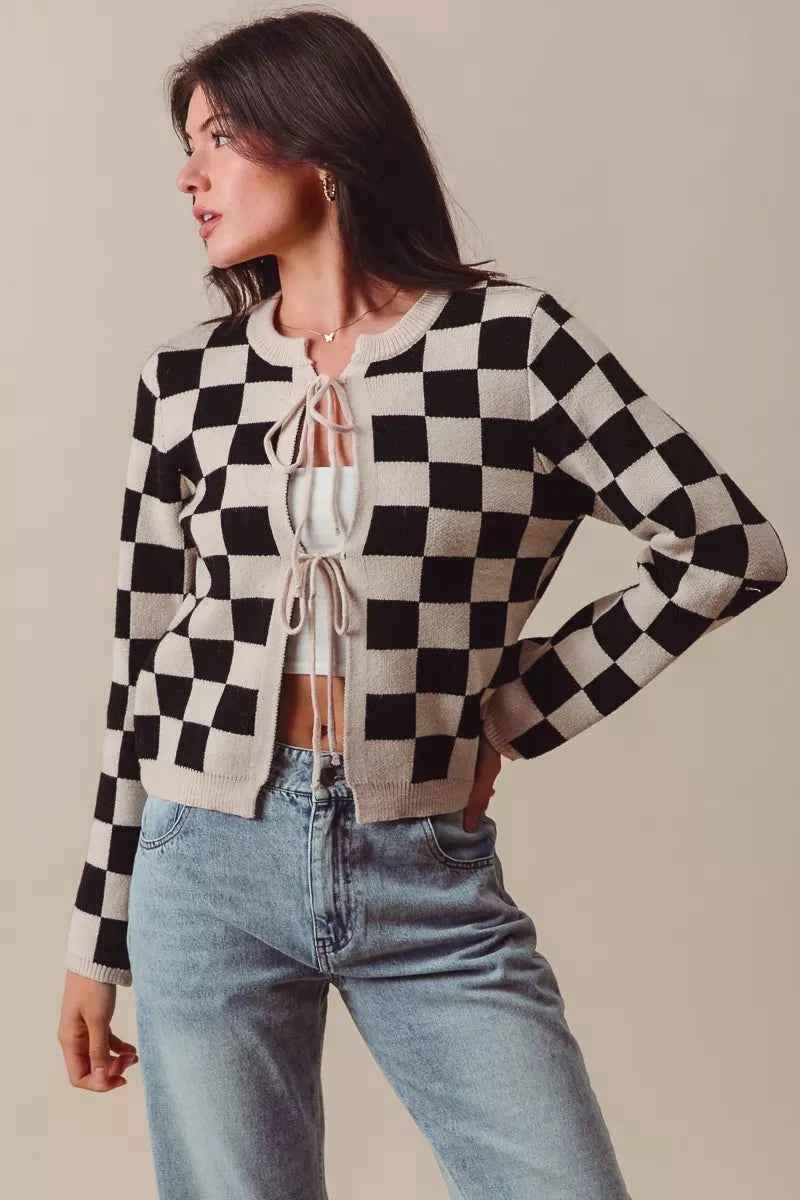 SO ME Tie Front Checkered Knitted Round Neck Cardigan