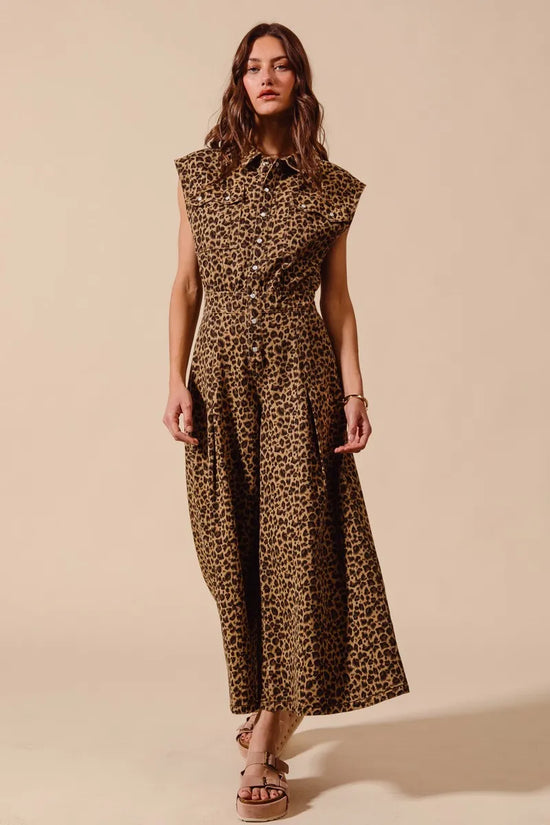 Wide Leg Leopard Twill Overalls Jumpsuit with Tuck - Akana