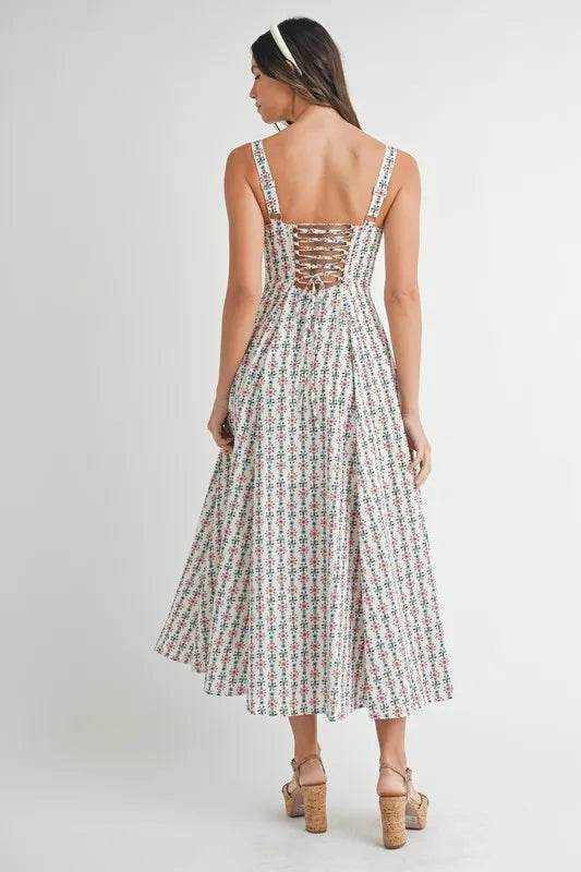 Floral Print Midi Dress with Bustier Back Lace Up Design - Akana Style