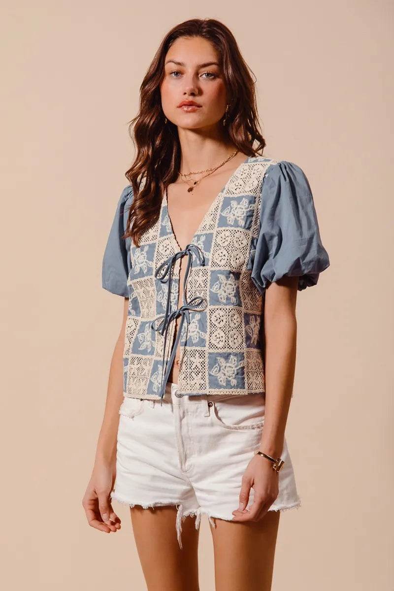 Crochet Lace Blouse with Tie Front V Neck Design - Akana Style