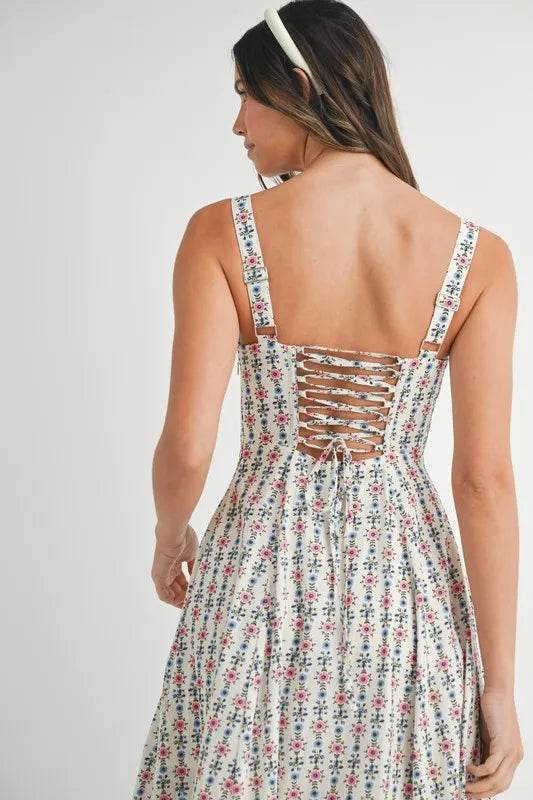 Floral Print Midi Dress with Bustier Back Lace Up Design - Akana Style