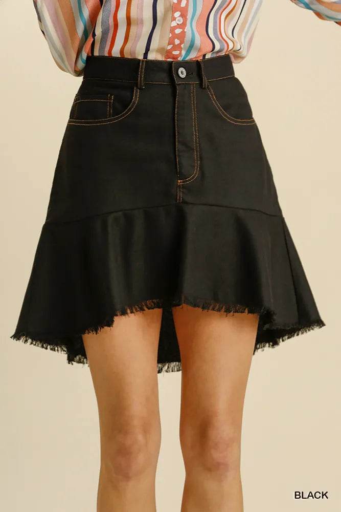 Umgee Linen Blend High Low Skirt with Frayed Hem - 5 Pockets - Akana Style