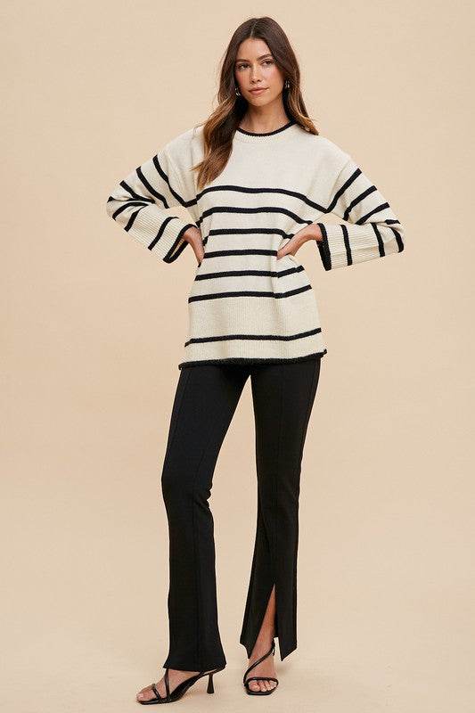 Side Slit Striped Sweater with Round Neck for Effortless Style - Akana Style