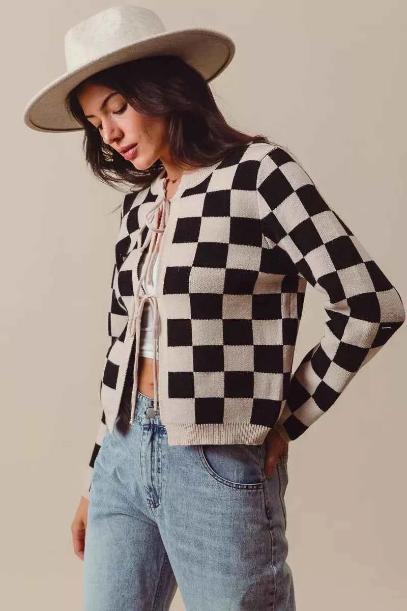 SO ME Tie Front Checkered Knitted Round Neck Cardigan