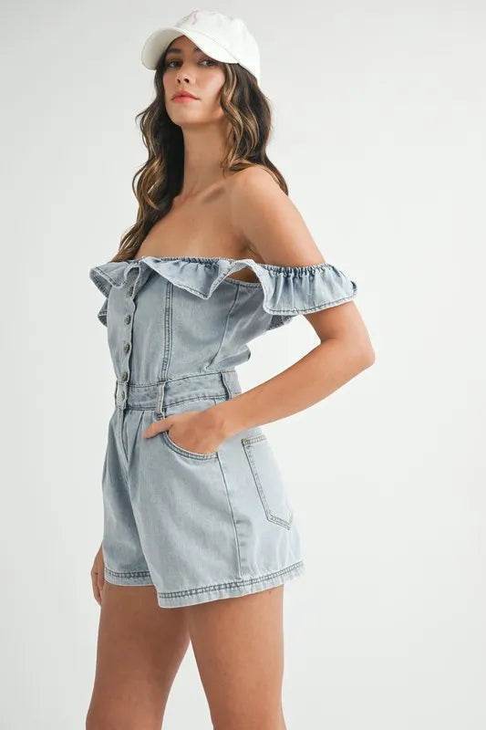 Off Shoulder Denim Romper with Ruffle Detail - Akana Style