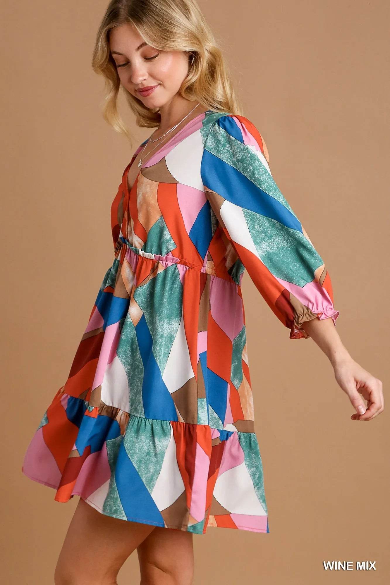 Umgee Tiered Printed Dress - Abstract V-Neck Style - Akana Style