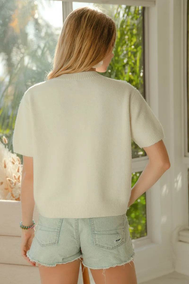 Teddy Bear Button Down Top with Bow Patched Sweater Design - Akana Style