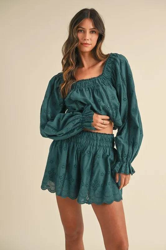 Embroidered Lace Top and Short Set with Scalloped Design - Akana Style