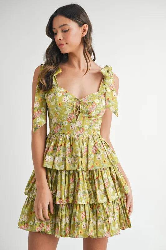 Floral Print Mini Dress with Shoulder Ties and Layered Design - Akana Style