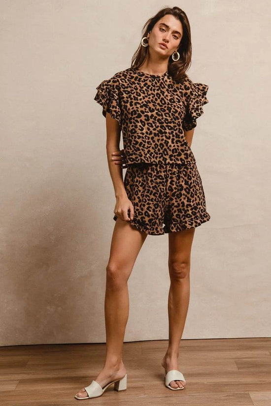 Leopard Print Ruffle Sleeve Set with Waffle Texture Layered Top and Shorts - Akana Style