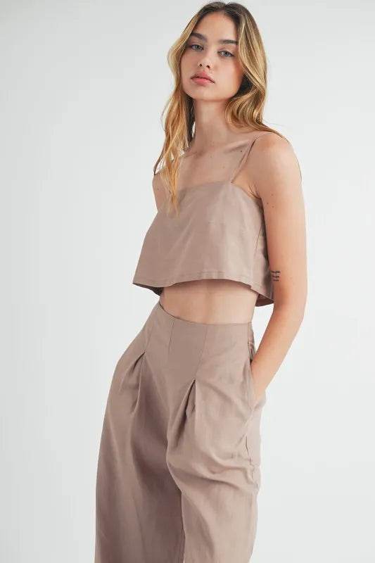 Linen Mix Crop Cami Pants Set with Wide Leg Pants - Akana Style