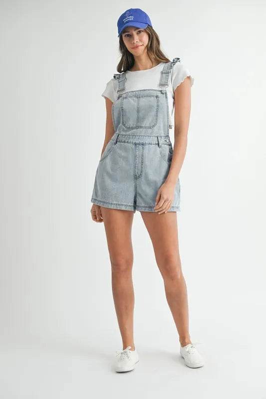 Square Neck Denim Overall Romper with Ruffle Shoulders - Akana Style