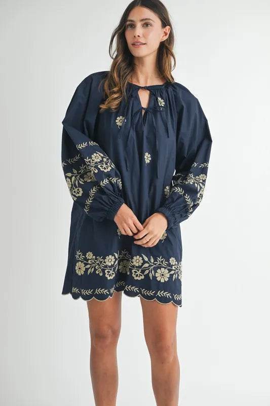 Embroidered Peasant Mini Dress with Long Sleeves - Akana Style