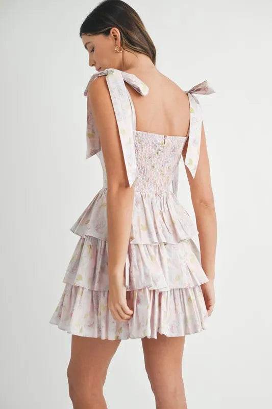 Floral Print Mini Dress with Shoulder Ties and Layered Design - Akana Style