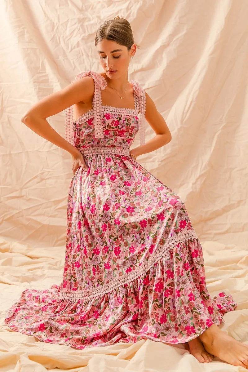 Floral Maxi Dress With Ribbon Tie Lace Strap - Akana Style