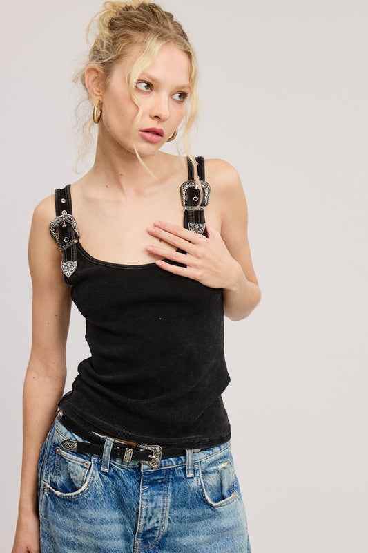 BLACK SILVER BELT TANK TOP - Akana Style