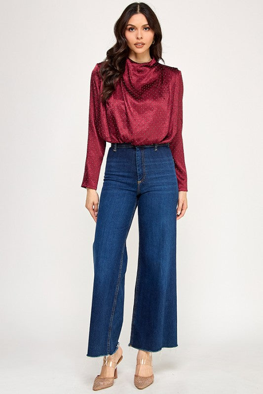 Long Sleeve High Neck Draped Top