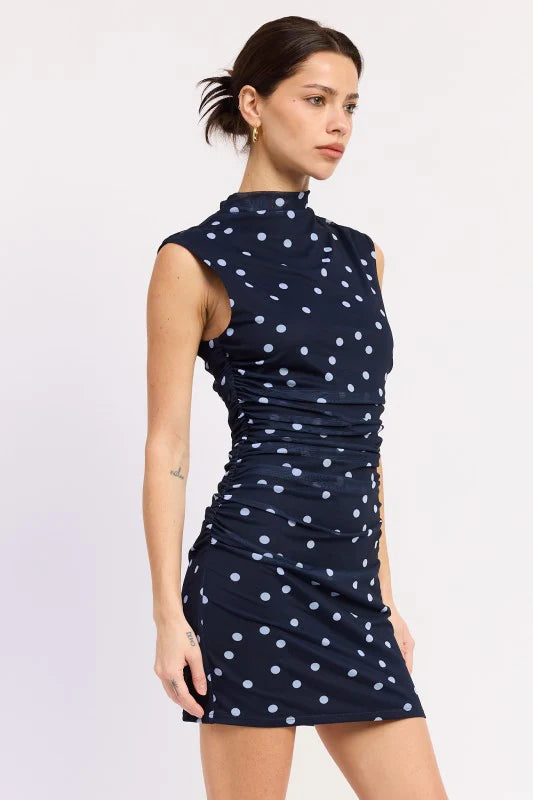 SLEEVELESS MOCK NECK MESH MINI DRESS