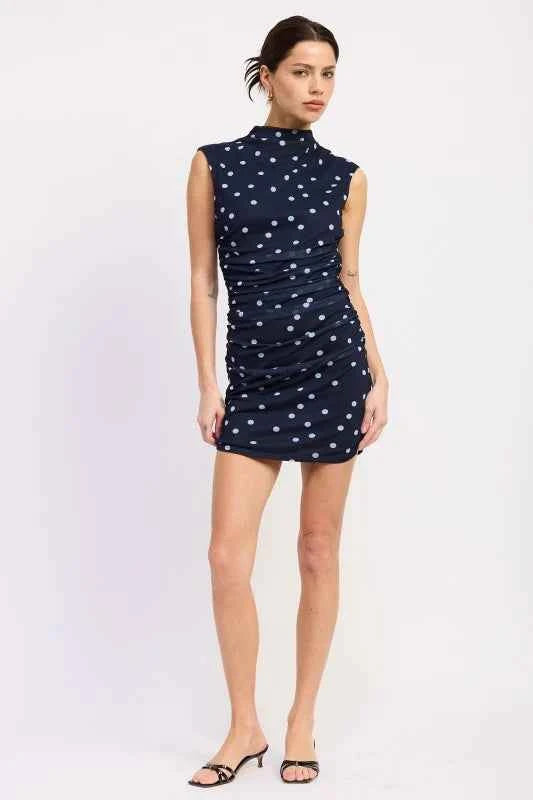 SLEEVELESS MOCK NECK MESH MINI DRESS