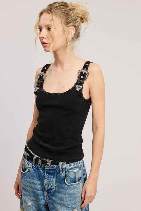 BLACK SILVER BELT TANK TOP - Akana Style