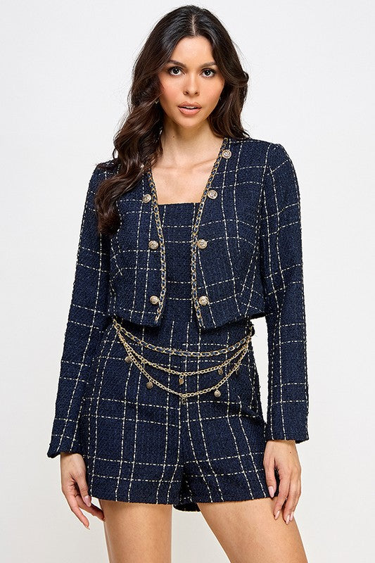 Tweed Romper Set with Crop Blazer