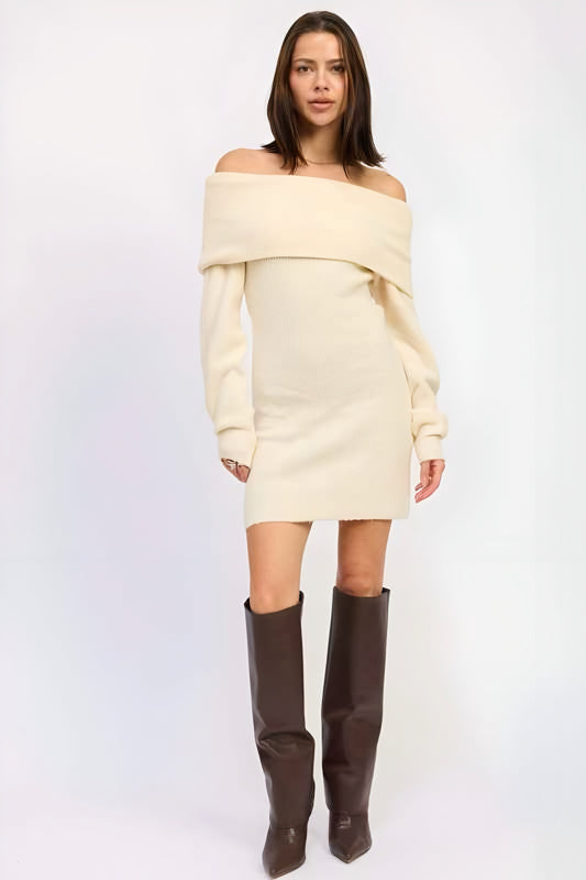 LONG SLEEVE OFF SHOULDER MINI KNIT DRESS
