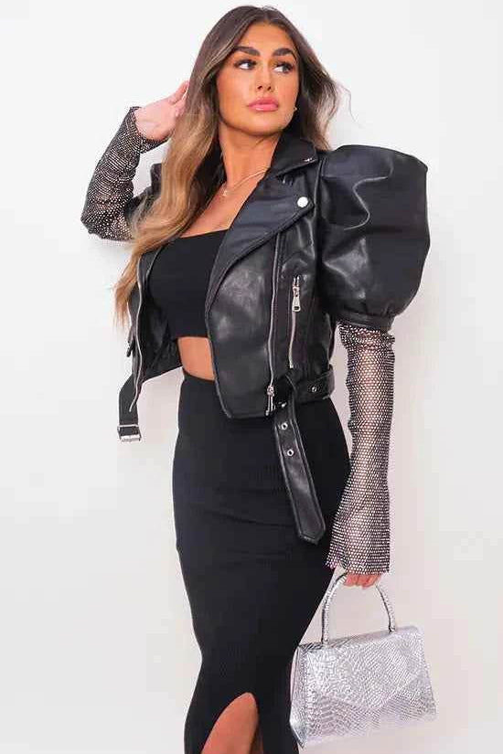 Rhinestone Sleeve Leather Jacket for a Stylish and Unique Look - Akana Style